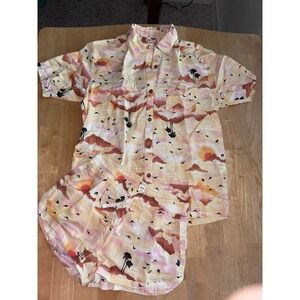 Billabong Women's Pajama Set Button Up Top Shorts Tropical Sunset Palm Trees M‎